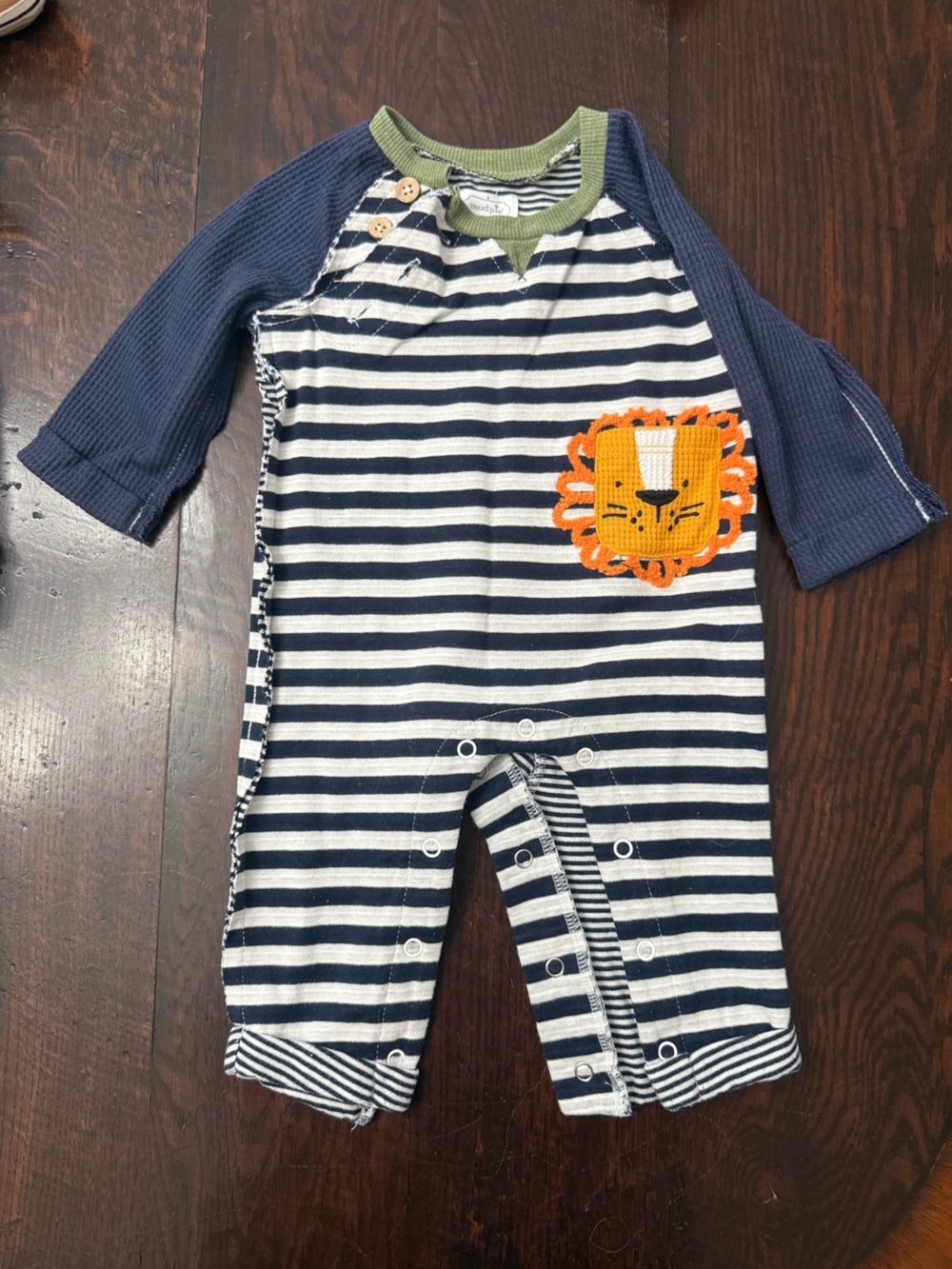 Mud Pie Navy & White Striped Romper with Orange Lion Applique
